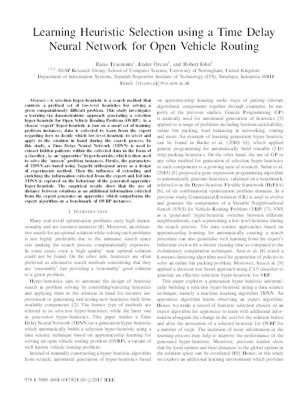 Learning heuristic selection using a time delay neural network for open vehicle routing Thumbnail