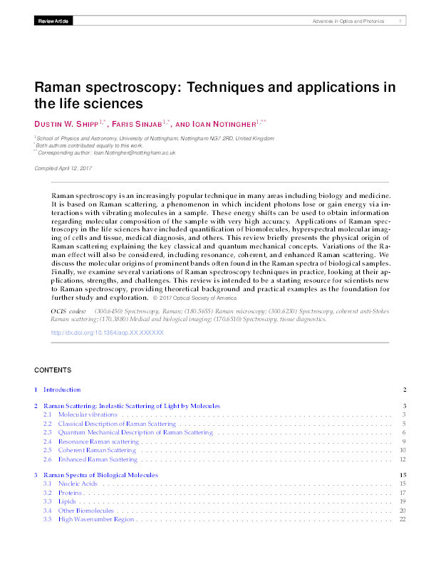 Raman spectroscopy: techniques and applications in the life sciences Thumbnail