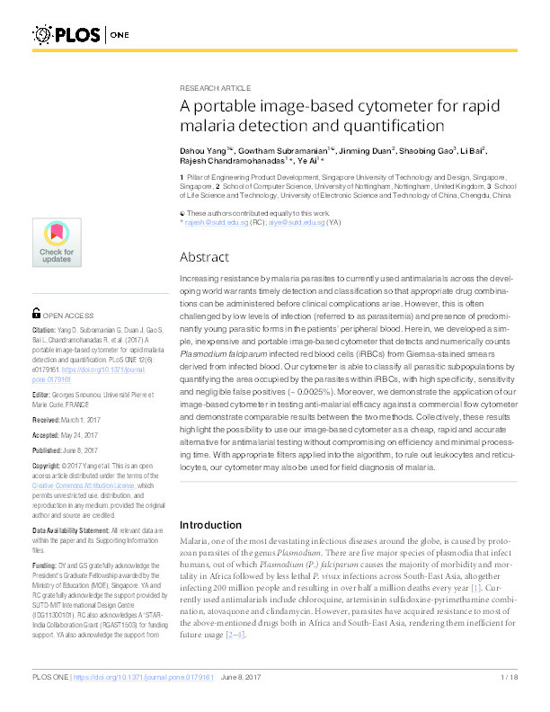 A portable image-based cytometer for rapid malaria detection and quantification Thumbnail