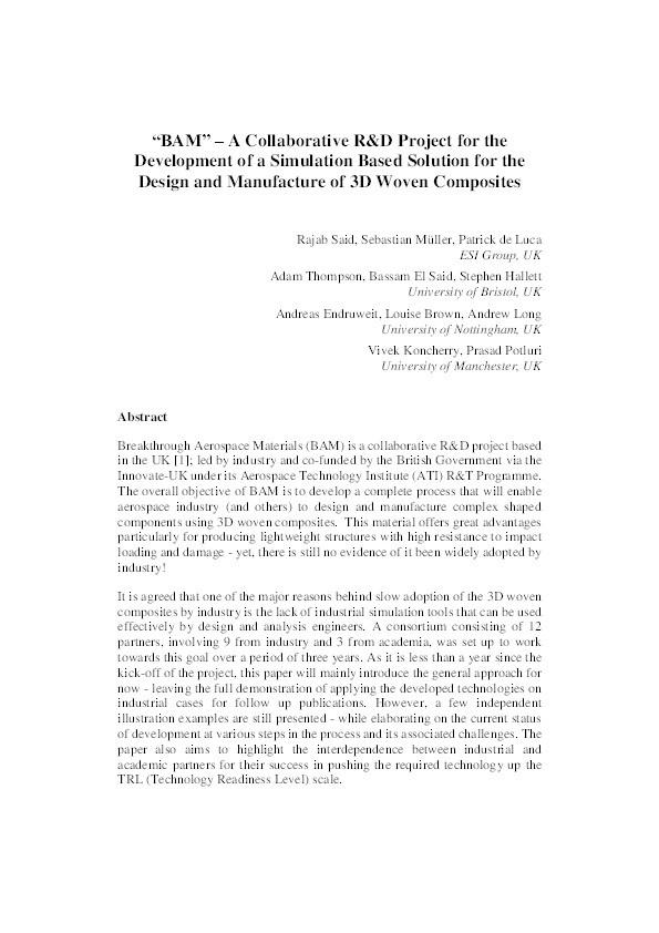 “BAM”: a collaborative R&D project for the development of a simulation based solution for the design and manufacture of 3D woven composites Thumbnail