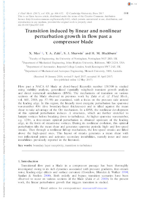 Transition induced by linear and nonlinear perturbation growth in flow past a compressor blade Thumbnail