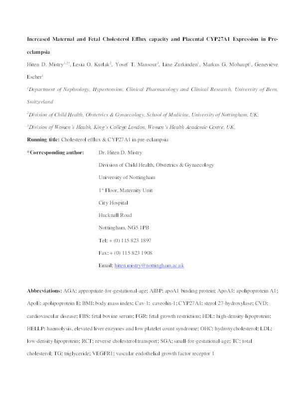 Increased maternal and fetal cholesterol efflux capacity and placental cyp27a1 expression in pre-eclampsia Thumbnail