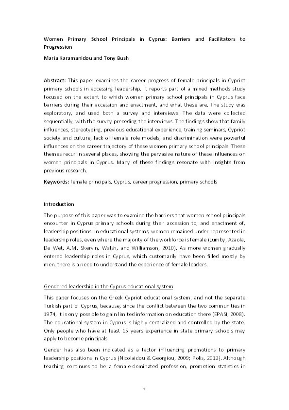 Women primary school principals in Cyprus: barriers and facilitators to progression Thumbnail