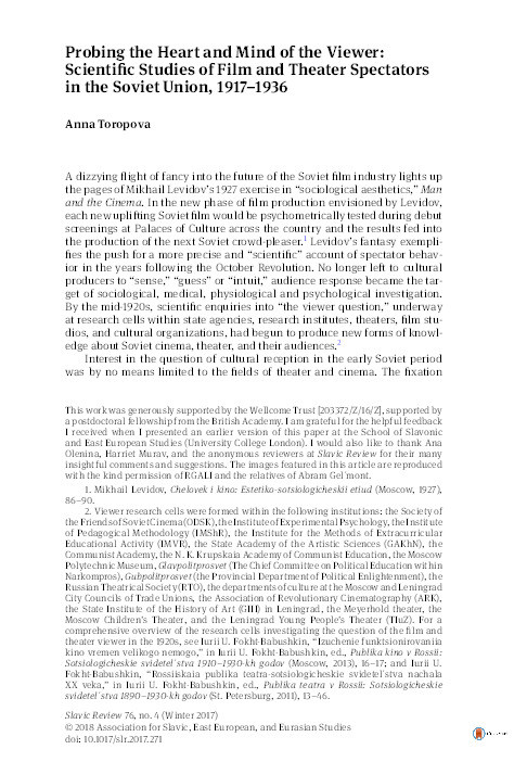 Probing the heart and mind of the viewer: scientific studies of film and theatre spectators in the Soviet Union, 1917-1936 Thumbnail