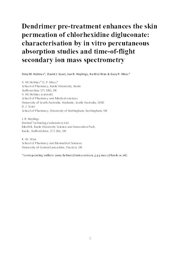 Dendrimer pre-treatment enhances the skin permeation of chlorhexidine digluconate: characterisation by in vitro percutaneous absorption studies and time-of-flight secondary ion mass spectrometry Thumbnail