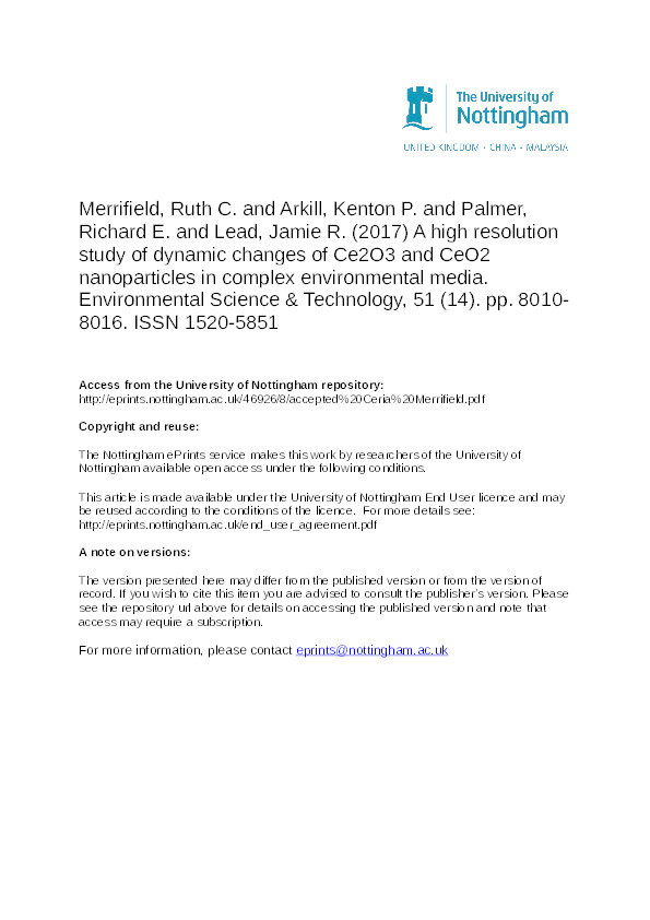 A high resolution study of dynamic changes of Ce2O3 and CeO2 nanoparticles in complex environmental media Thumbnail