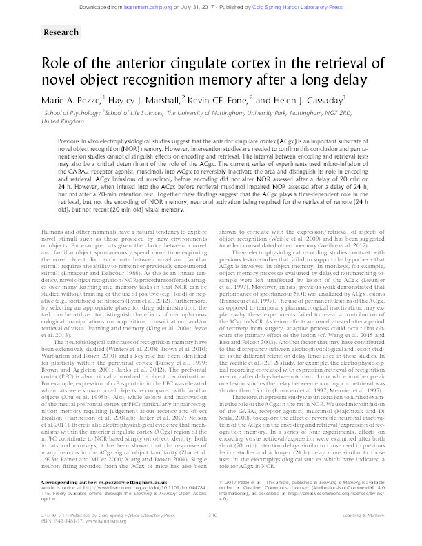 Role of the anterior cingulate cortex in the retrieval of novel object recognition memory after a long delay Thumbnail