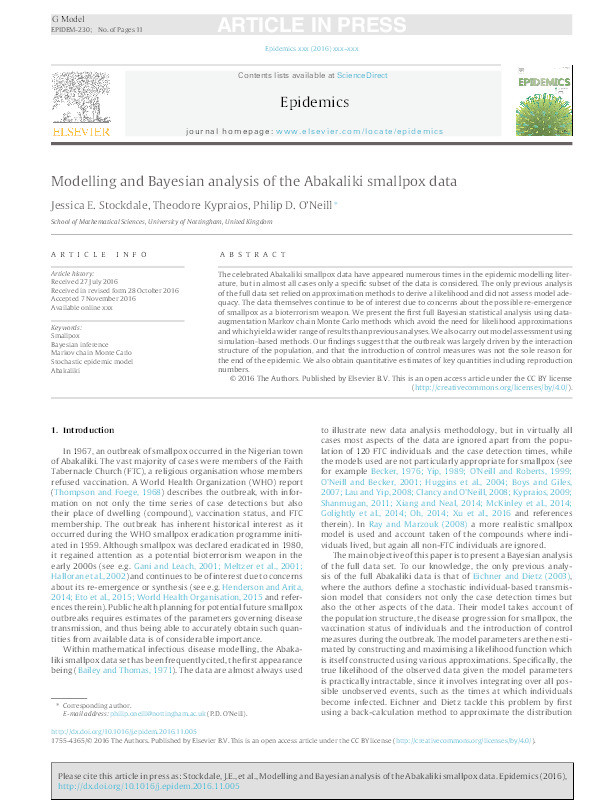 Modelling and Bayesian analysis of the Abakaliki smallpox data Thumbnail