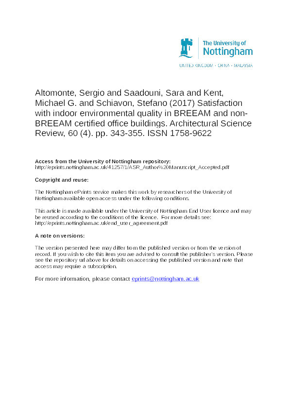 Satisfaction with indoor environmental quality in BREEAM and non-BREEAM certified office buildings Thumbnail