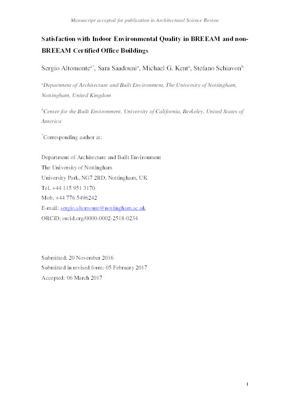 Satisfaction with indoor environmental quality in BREEAM and non-BREEAM certified office buildings Thumbnail