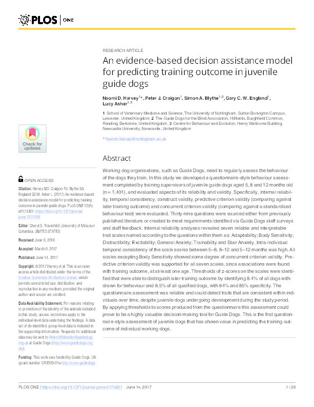 An evidence-based decision assistance model for predicting training outcome in juvenile guide dogs Thumbnail