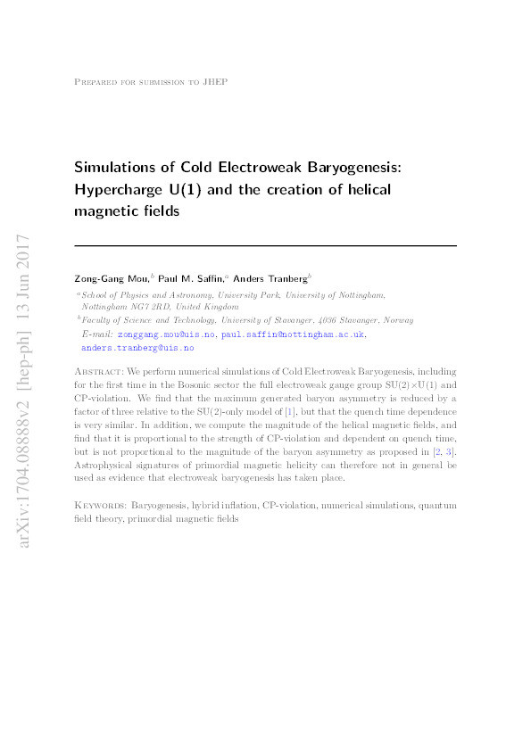 Simulations of Cold Electroweak Baryogenesis: hypercharge U(1) and the creation of helical magnetic fields Thumbnail