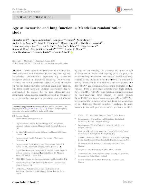 Age at menarche and lung function: a Mendelian randomization study Thumbnail