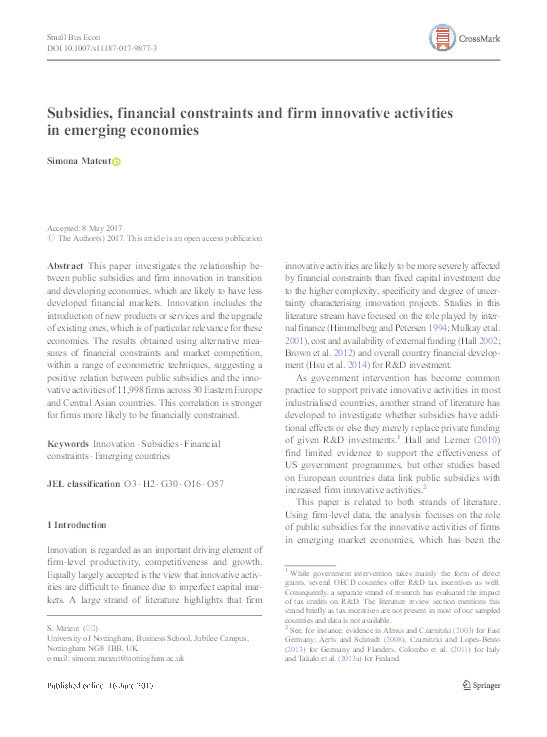 Subsidies, financial constraints and firm innovative activities in emerging economies Thumbnail