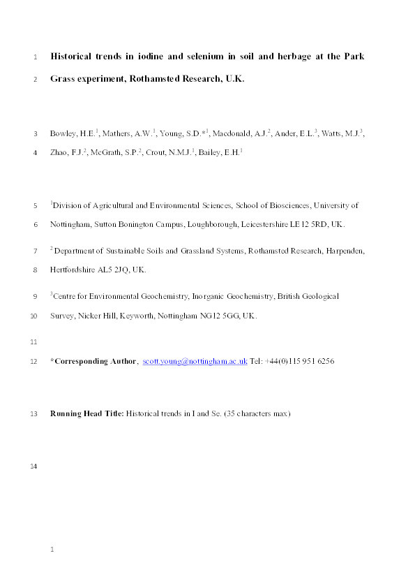 Historical trends in iodine and selenium in soil and herbage at the Park Grass experiment, Rothamsted Research, UK Thumbnail