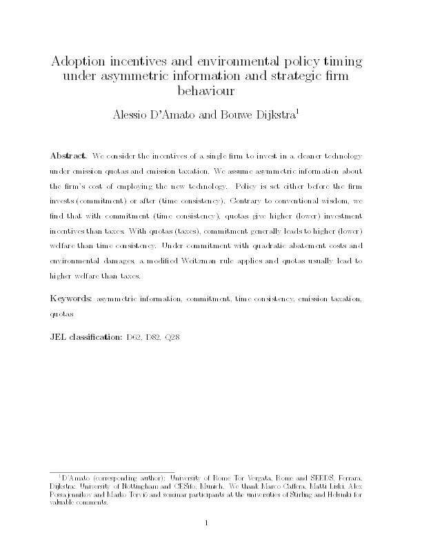 Adoption incentives and environmental policy timing under asymmetric information and strategic firm behaviour Thumbnail