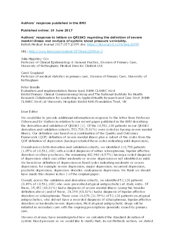 Authors' response to letters on QRISK3 regarding the definition of severe mental illness and analysis of systolic blood pressure variability. Thumbnail