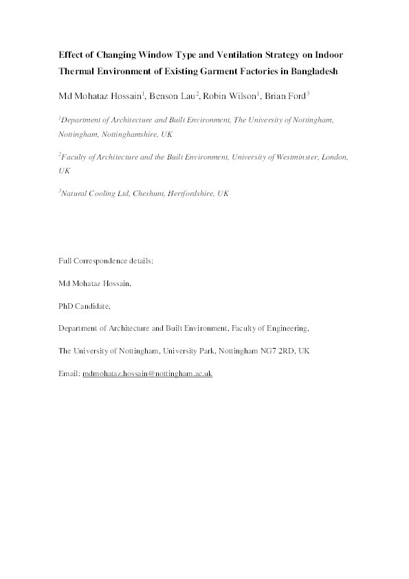 Effect of changing window type and ventilation strategy on indoor thermal environment of existing garment factories in Bangladesh Thumbnail