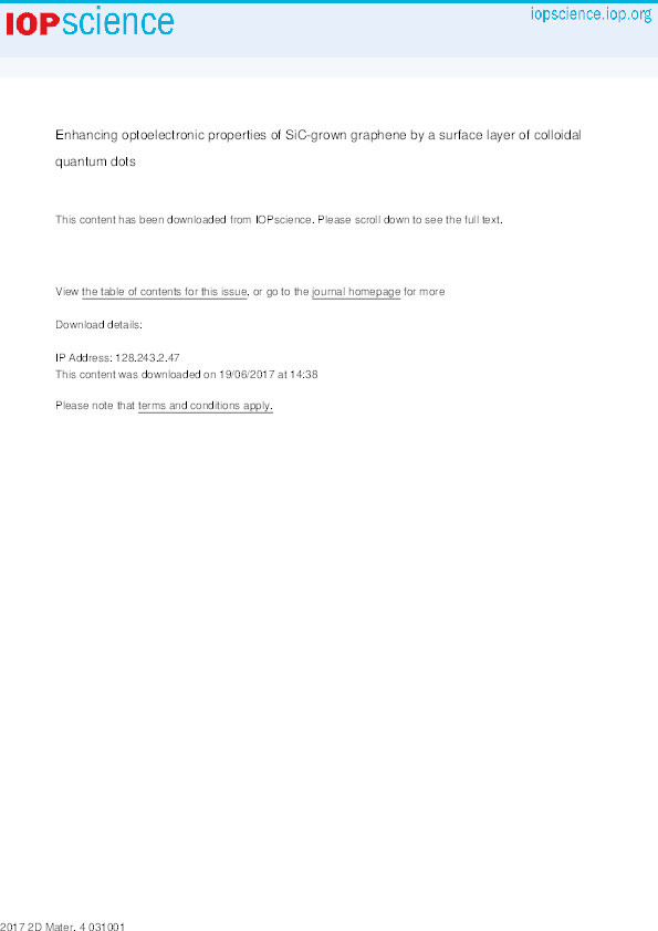 Enhancing optoelectronic properties of SiC-grown graphene by a surface layer of colloidal quantum dots Thumbnail