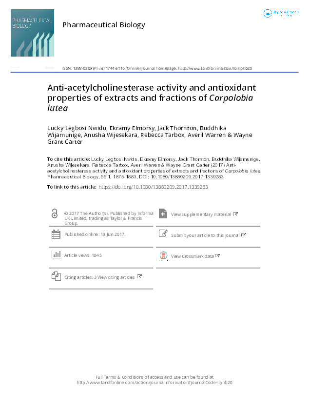 Anti-acetylcholinesterase activity and antioxidant properties of extracts and fractions of Carpolobia lutea Thumbnail