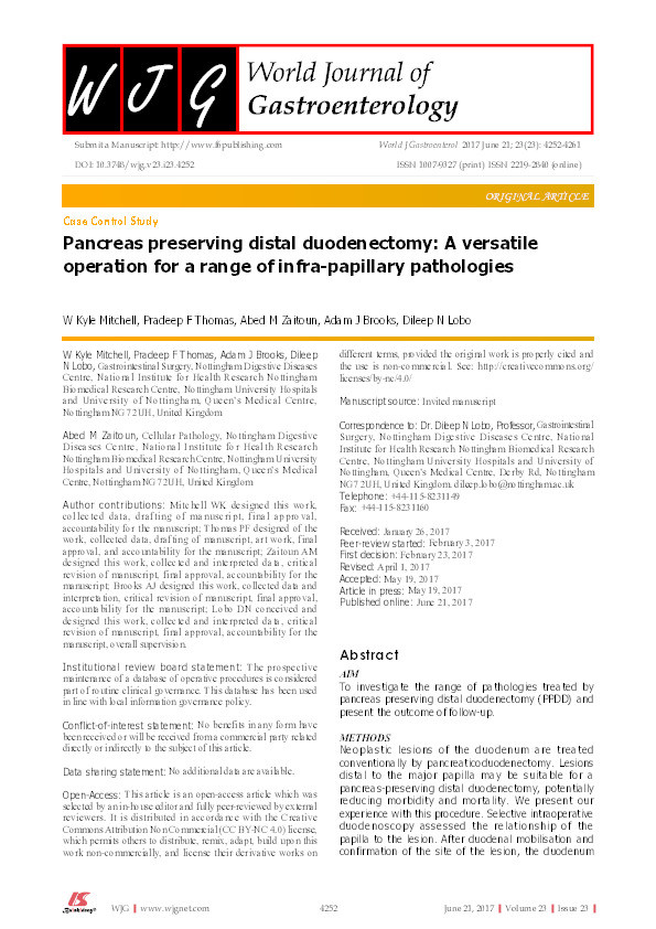 Pancreas preserving distal duodenectomy: a versatile operation for a range of infra-papillary pathologies Thumbnail