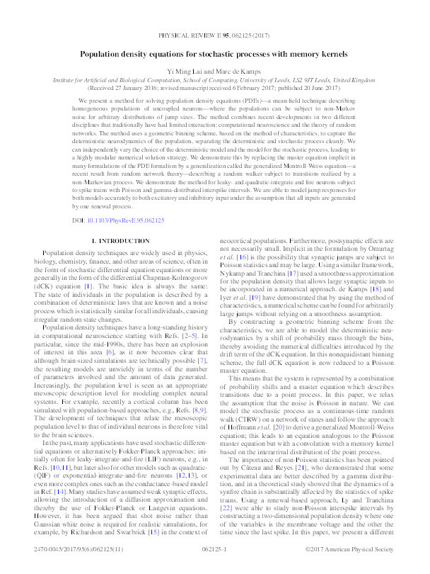 Population density equations for stochastic processes with memory kernels Thumbnail