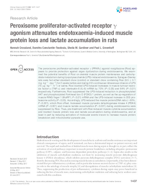 Peroxisome proliferator-activated receptor ? agonism attenuates endotoxaemia-induced muscle protein loss and lactate accumulation in rats Thumbnail