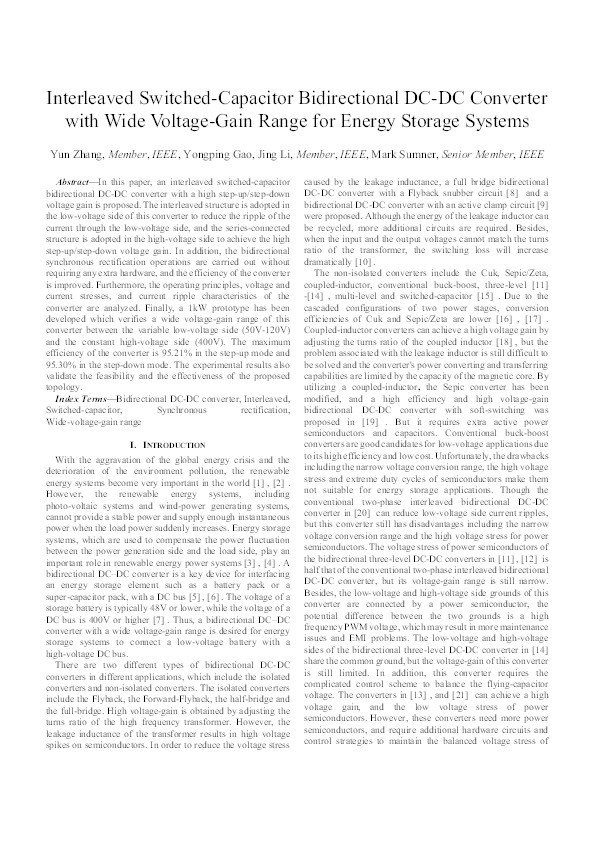 Interleaved switched-capacitor bidirectional DC-DC converter with wide voltage-gain range for energy storage systems Thumbnail