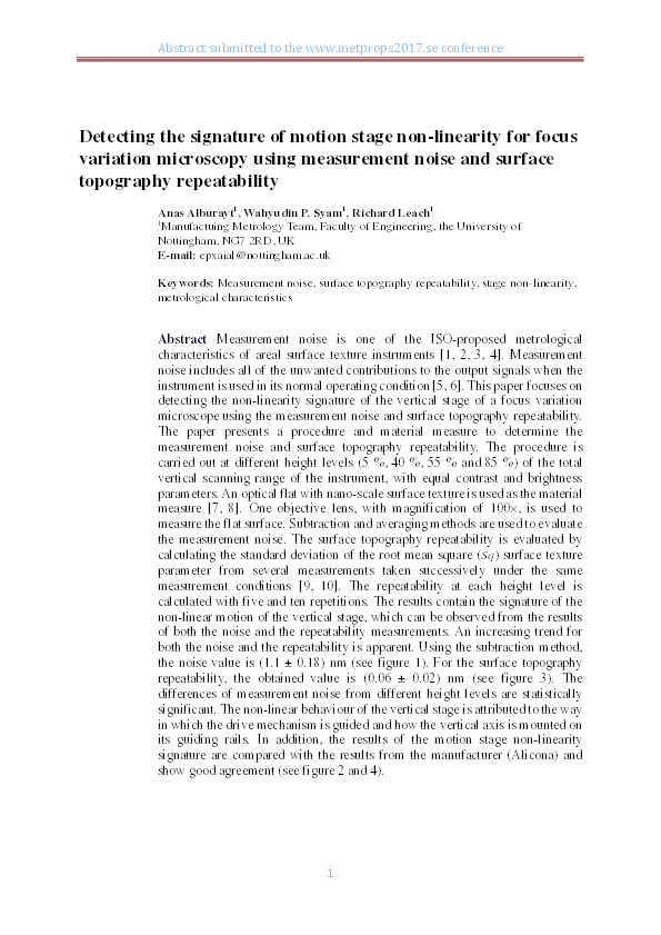 Detecting the signature of motion stage non-linearity for focus variation microscopy using measurement noise and surface topography repeatability Thumbnail