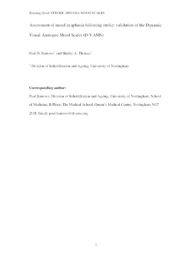 Assessment of mood in aphasia following stroke: validation of the Dynamic Visual Analogue Mood Scales (D-VAMS) Thumbnail