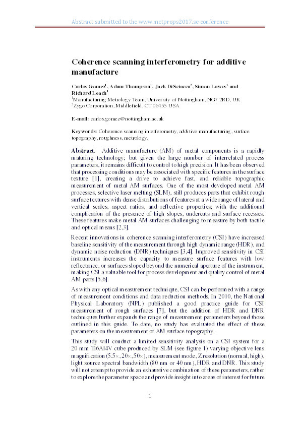 Coherence scanning interferometry for additive manufacture Thumbnail