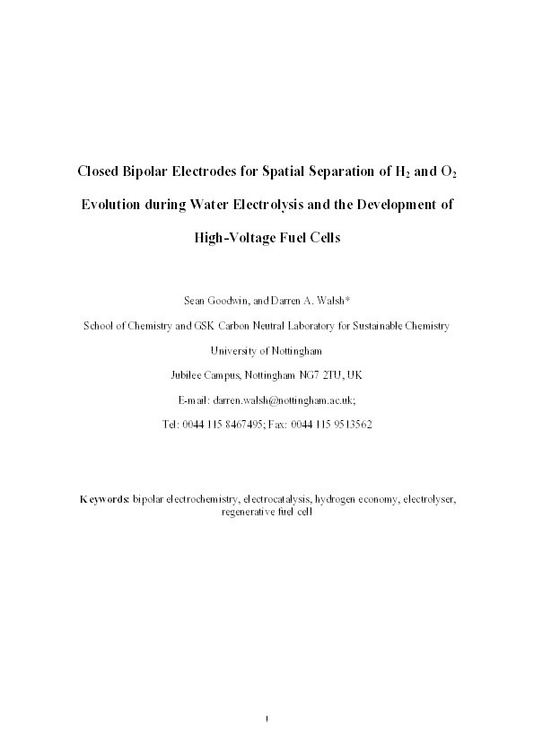 Closed bipolar electrodes for spatial separation of H2 and O2 evolution during water electrolysis and the development of high-voltage fuel cells Thumbnail