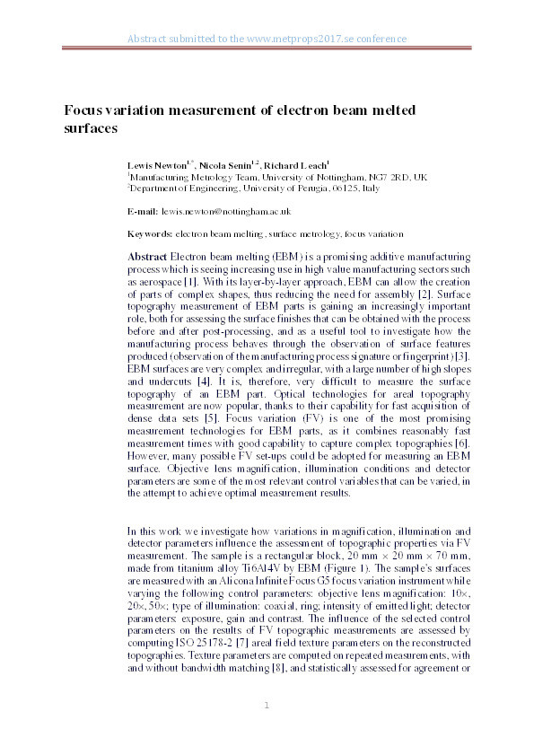 Focus variation measurement of electron beam melted surfaces Thumbnail