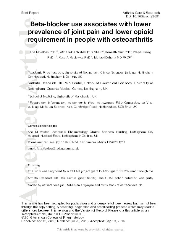 Association of beta-blocker use with less prevalent joint pain and lower opioid requirement in people with osteoarthritis Thumbnail