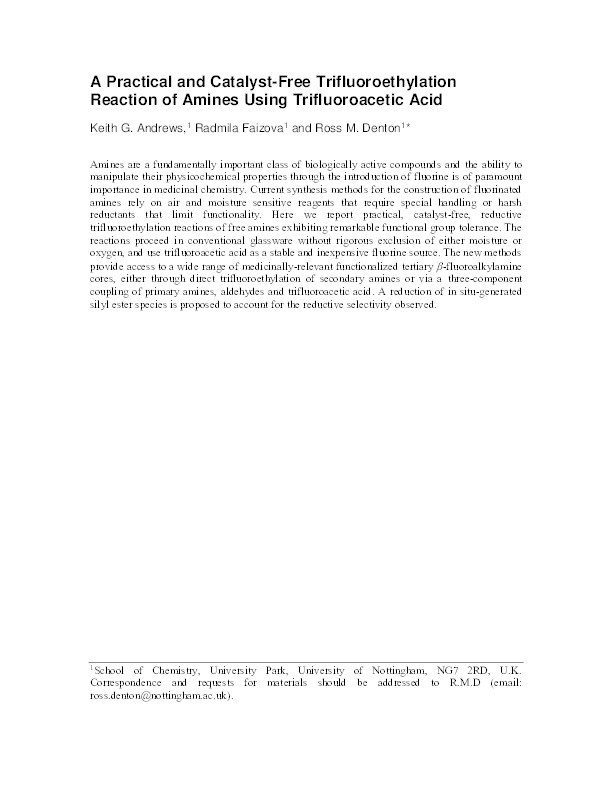 A practical and catalyst-free trifluoroethylation reaction of amines using trifluoroacetic acid Thumbnail