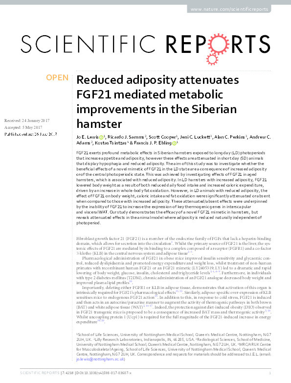 Reduced adiposity attenuates FGF21 mediated metabolic improvements in the Siberian hamster Thumbnail