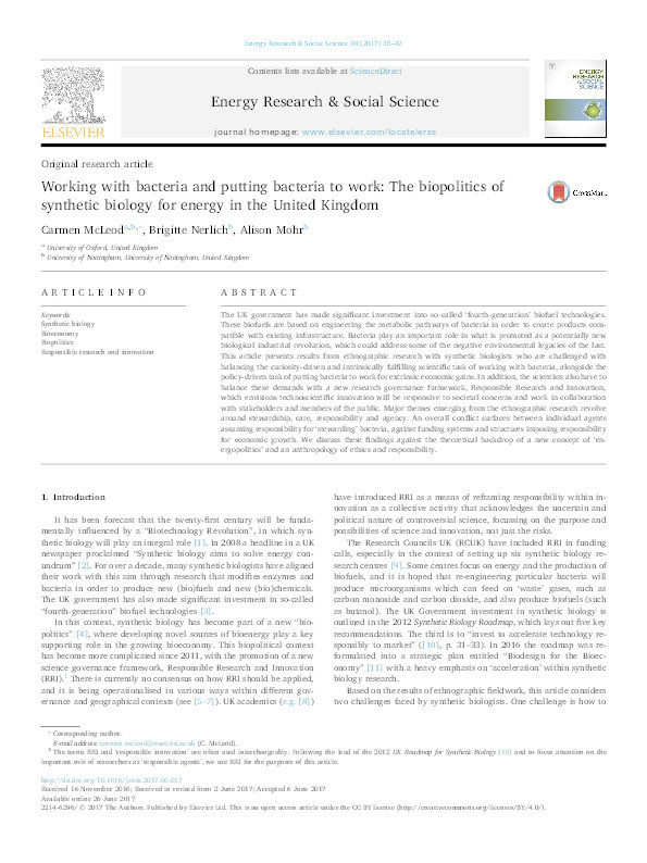 Working with bacteria and putting bacteria to work: The biopolitics of synthetic biology for energy in the United Kingdom Thumbnail