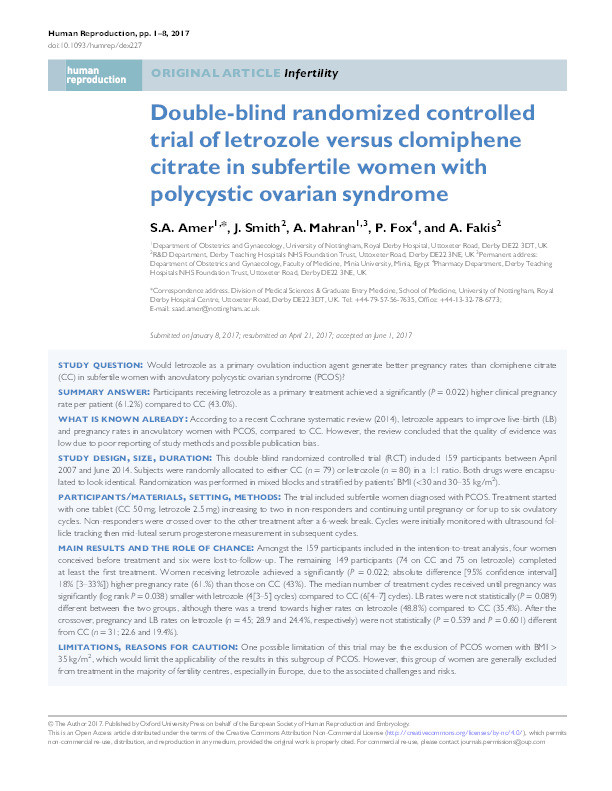 Double-blind randomized controlled trial of letrozole versus clomiphene citrate in subfertile women with polycystic ovarian syndrome Thumbnail