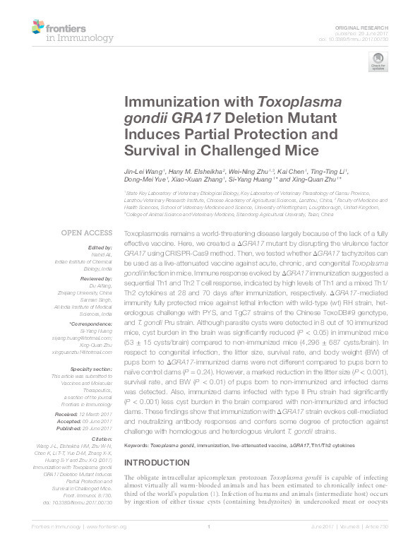 Immunization with Toxoplasma gondii GRA17 deletion mutant induces partial protection and survival in challenged mice Thumbnail