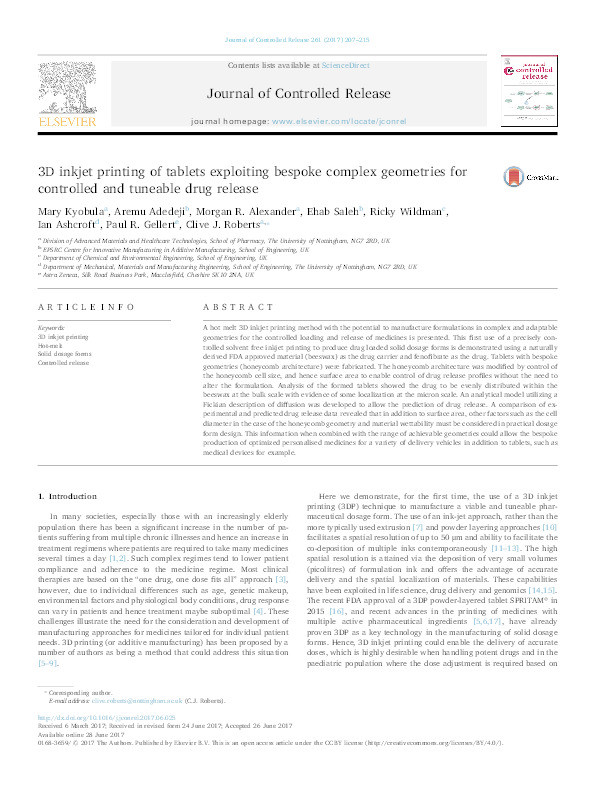 3D inkjet printing of tablets exploiting bespoke complex geometries for controlled and tuneable drug release Thumbnail