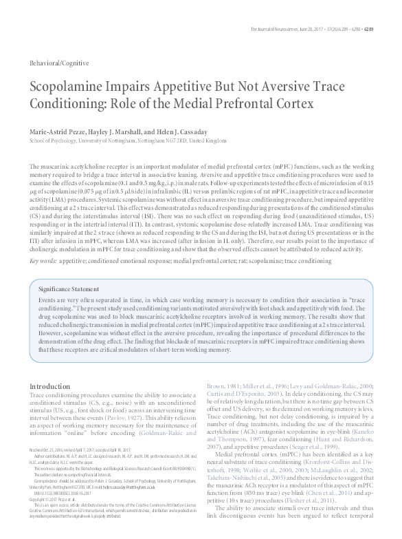 Scopolamine impairs appetitive but not aversive trace conditioning: role of the medial prefrontal cortex Thumbnail