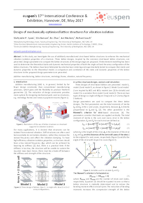 Design of mechanically-optimised lattice structures for vibration isolation Thumbnail