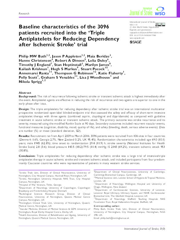 Baseline characteristics of the 3,096 patients recruited into the 'Triple Antiplatelets for Reducing Dependency after Ischaemic Stroke' (TARDIS) trial Thumbnail