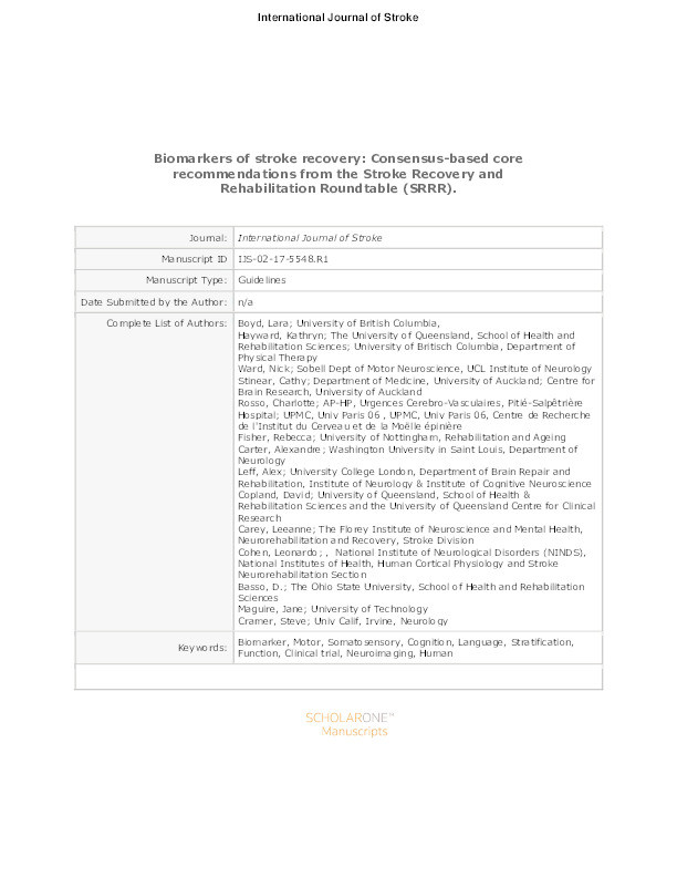 Biomarkers of stroke recovery: consensus-based core recommendations from the Stroke Recovery and Rehabilitation Roundtable Thumbnail