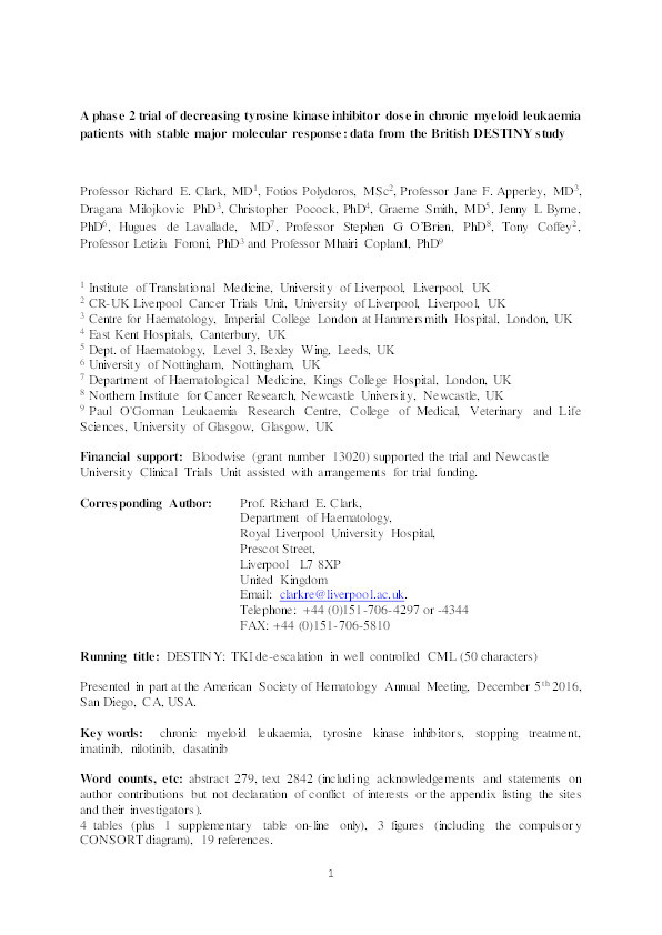 A phase 2 trial of decreasing tyrosine kinase inhibitor dose in chronic myeloid leukaemia patients with stable major molecular response: data from the British DESTINY study Thumbnail