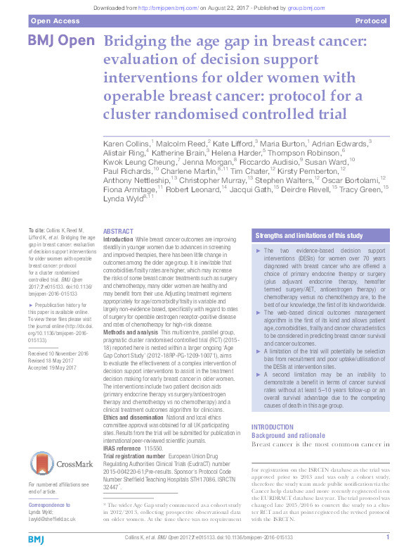 Bridging the age gap in breast cancer: evaluation of decision support interventions for older women with operable breast cancer: protocol for a cluster randomised controlled trial Thumbnail