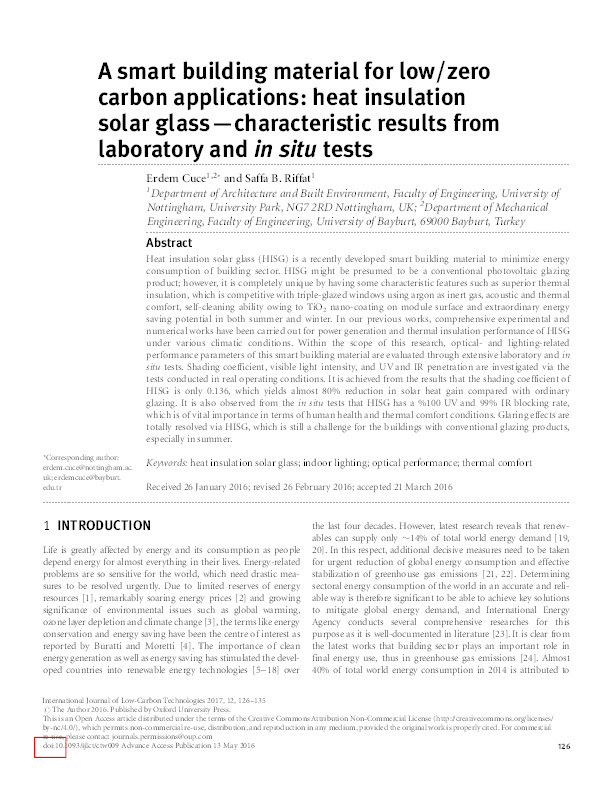 A smart building material for low/zero carbon applications: heat insulation solar glass—characteristic results from laboratory andin situtests Thumbnail