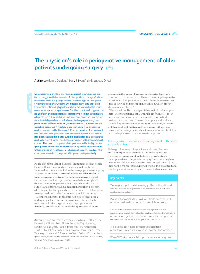 The physician’s role in perioperative management of older patients undergoing surgery Thumbnail