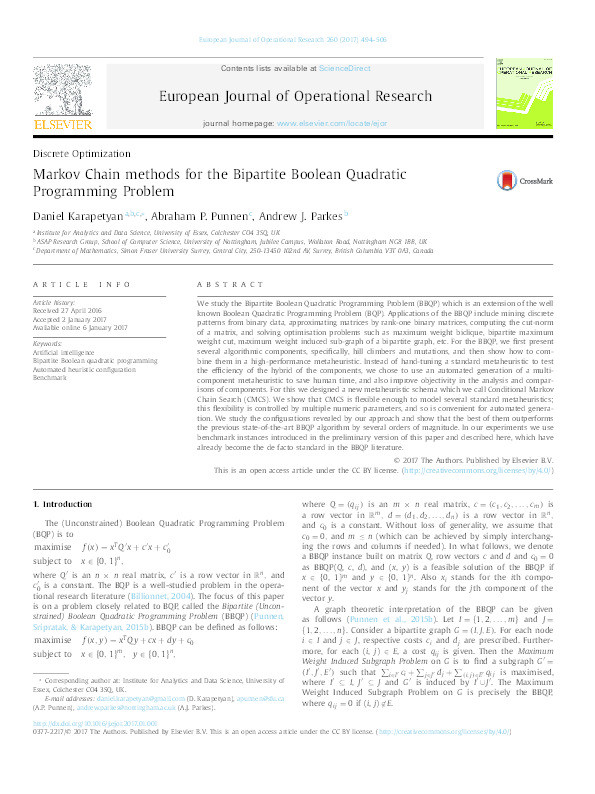 Markov Chain methods for the Bipartite Boolean Quadratic Programming Problem Thumbnail