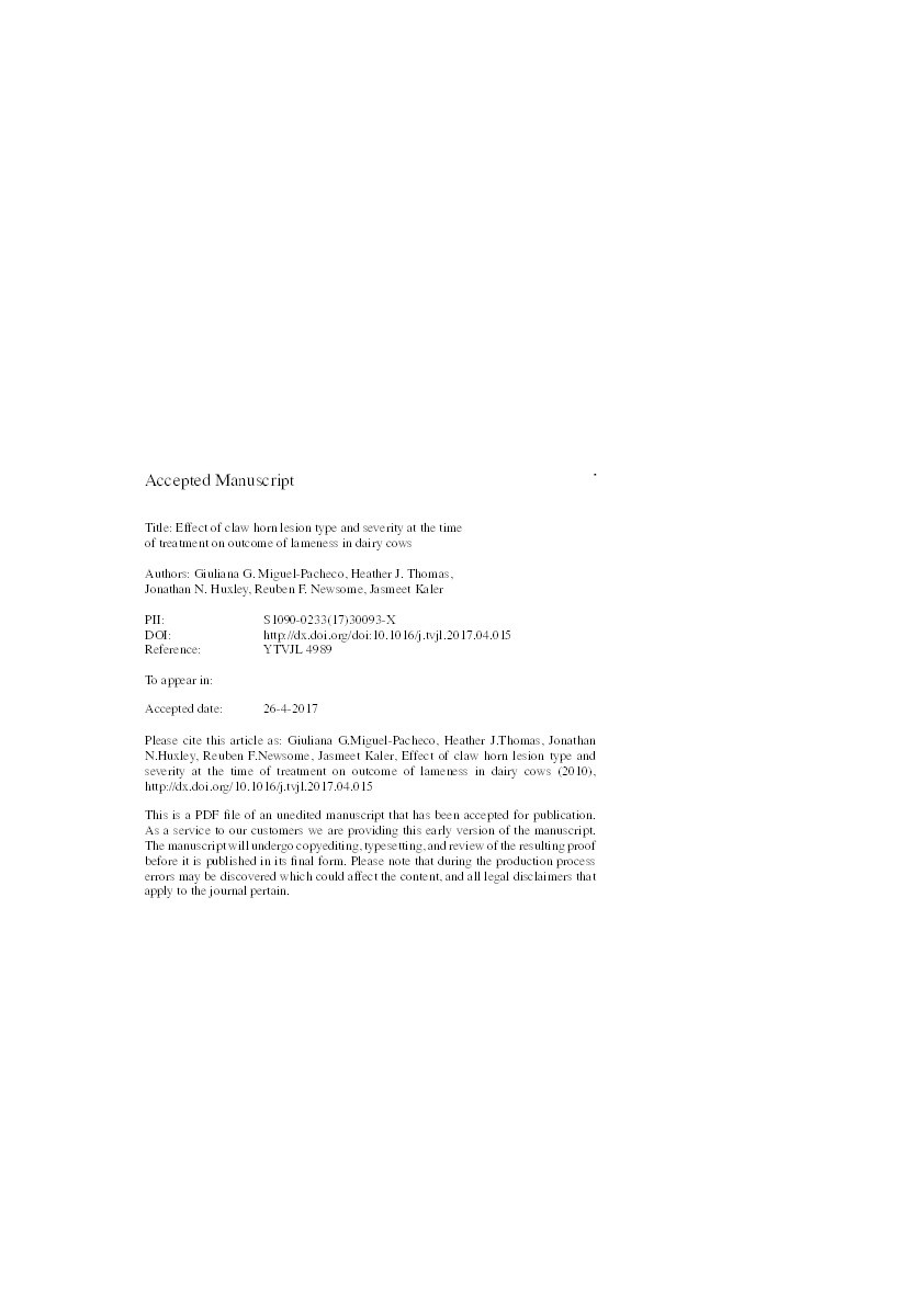 Effect of claw horn lesion type and severity at the time of treatment on outcome of lameness in dairy cows Thumbnail